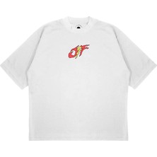 Pure Effect Unisex Oversize Off-Whıte Dragon Flame Baskılı Boxy Fit Kalın Kumaşlı (240GSM) T-Shirt