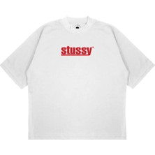 Pure Effect Unisex Oversize Stussy Kırmızı Yazı Baskılı Boxy Fit Kalın Kumaşlı (240GSM) T-Shirt