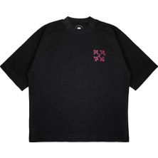 Pure Effect Unisex Oversize Off-Whıte Pembe Çiçek Baskılı Boxy Fit Kalın Kumaşlı (240GSM) T-Shirt