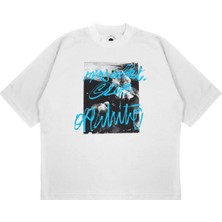 Pure Effect Unisex Oversize Off-Whıte Ön Mavi Baskılı Boxy Fit Kalın Kumaşlı (240GSM) T-Shirt