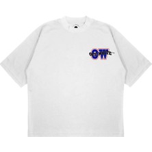 Pure Effect Unisex Oversize Off Whıte Ow Mavı Baskılı Boxy Fit Kalın Kumaşlı T-Shirt