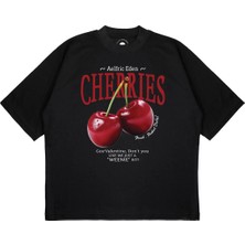 Pure Effect Unisex Oversize Cherries Baskılı Boxy Fit Kalın Kumaşlı T-Shirt