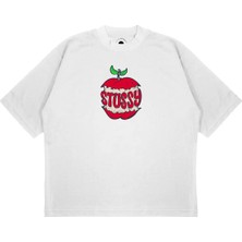 Pure Effect Unisex Oversize Stussy Elma Logo Baskılı Boxy Fit Kalın Kumaşlı (240GSM) T-Shirt