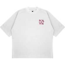 Pure Effect Unisex Oversize Off-Whıte Pembe Çiçek Baskılı Boxy Fit Kalın Kumaşlı (240GSM) T-Shirt