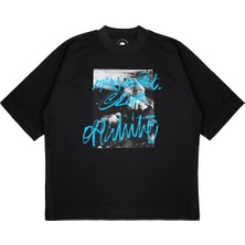 Pure Effect Unisex Oversize Off-Whıte Ön Mavi Baskılı Boxy Fit Kalın Kumaşlı (240GSM) T-Shirt