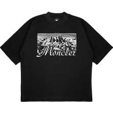 Pure Effect Unisex Oversize Çizgili Dağ Yazı Baskılı Boxy Fit Kalın Kumaşlı T-Shirt