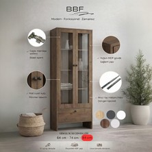 BBF Furniture Modern Design %100 Mdf, Cam Kapaklı 84 cm Vitrin ve Kitaplık – 5 Raflı, Çekmeceli, Çok Amaçlı Dolap | Modern Tasarım
