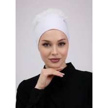 Alivascarf Fırfırlı Dikişsiz Penye Bone Ekru - Kadın Tesettür Bağlamalı Topuz Iç Bone Kırık Beyaz