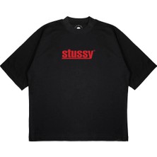 Pure Effect Unisex Oversize Stussy Kırmızı Yazı Baskılı Boxy Fit Kalın Kumaşlı (240GSM) T-Shirt