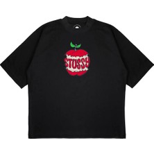 Pure Effect Unisex Oversize Stussy Elma Logo Baskılı Boxy Fit Kalın Kumaşlı (240GSM) T-Shirt
