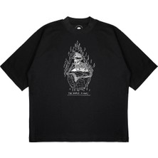 Pure Effect Unisex Oversize Flame Iskelet Baskılı Boxy Fit Kalın Kumaşlı T-Shirt