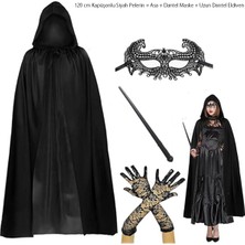 Uravas Store 120 cm Kapüşonlu Siyah Pelerin + Asa + Dantel Maske + Uzun Dantel Siyah Eldiven Kostüm Seti
