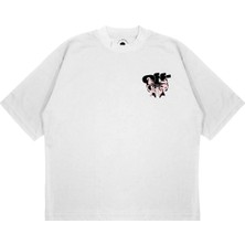 Pure Effect Unisex Oversize Off-Whıte Kurdele Baskılı Boxy Fit Kalın Kumaşlı (240GSM) T-Shirt