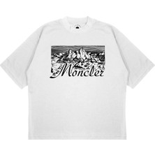 Pure Effect Unisex Oversize Çizgili Dağ Yazı Baskılı Boxy Fit Kalın Kumaşlı T-Shirt