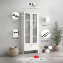 BBF Furniture Modern Design %100 Mdf, Cam Kapaklı 84 cm Vitrin ve Kitaplık – 5 Raflı, Çekmeceli, Çok Amaçlı Dolap | Modern Tasarım