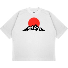 Pure Effect Unisex Oversize Kırmızı Dağ Baskılı Boxy Fit Kalın Kumaşlı T-Shirt