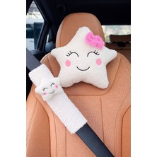 Masalia Sevimli Peluş Yıldız Desenli Araç Boyun Yastığı ve Emniyet Kemeri Seti (1 Yastık ve 1 Kemer )