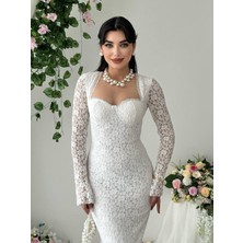 MBK Fashion Beyaz Dantel Uzun Kollu Abiye Elbise