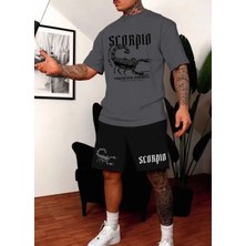 Punix Büyük Beden Özel Seri Scorpio Baskılı %100 Pamuk Dış Mekan Modern Erkek T-Shirt Şort Takımı
