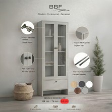 BBF Furniture Modern Design %100 Mdf, Cam Kapaklı 84 cm Vitrin ve Kitaplık – 5 Raflı, Çekmeceli, Çok Amaçlı Dolap | Modern Tasarım