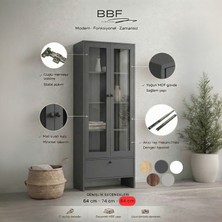 BBF Furniture Modern Design %100 Mdf, Cam Kapaklı 84 cm Vitrin ve Kitaplık – 5 Raflı, Çekmeceli, Çok Amaçlı Dolap | Modern Tasarım