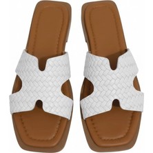 Efw %100 Hakiki Deri  Helen Düz Beyaz Terlik