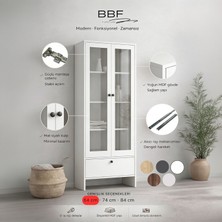 BBF Furniture Modern Design %100 Mdf, Cam Kapaklı 64 Cm, Vitrin ve Kitaplık – 5 Raflı, Çekmeceli, Çok Amaçlı Dolap | Modern Tasarım