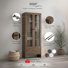 BBF Furniture Modern Design %100 Mdf, Cam Kapaklı 64 Cm, Vitrin ve Kitaplık – 5 Raflı, Çekmeceli, Çok Amaçlı Dolap | Modern Tasarım