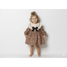 Dantel Detaylı Kahverengi Leopar Desenli Kurdeleli Kız Çocuk Elbisesi