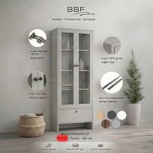 BBF Furniture Modern Design %100 Mdf, Cam Kapaklı 64 Cm, Vitrin ve Kitaplık – 5 Raflı, Çekmeceli, Çok Amaçlı Dolap | Modern Tasarım