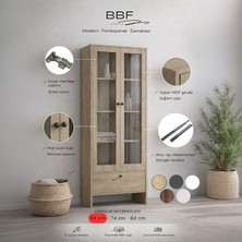 BBF Furniture Modern Design %100 Mdf, Cam Kapaklı 64 Cm, Vitrin ve Kitaplık – 5 Raflı, Çekmeceli, Çok Amaçlı Dolap | Modern Tasarım