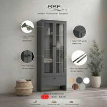 BBF Furniture Modern Design %100 Mdf, Cam Kapaklı 64 Cm, Vitrin ve Kitaplık – 5 Raflı, Çekmeceli, Çok Amaçlı Dolap | Modern Tasarım