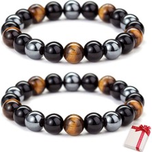 Delixa Feelairy 2 Adet Kaplan Gözü Taşlı Bileklik, Erkekler Kadınlar Için, Elastik Değerli Taşlar, Obsidiye