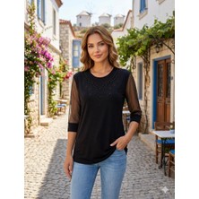 520CK Kadın Siyah Önü Boncuklu Anne Bluzu