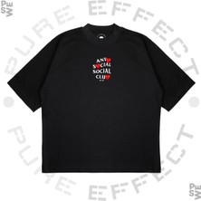 Pure Effect Unisex Oversize Antı Socıal Socıal Club Kalplı Baskılı Boxy Fit Kalın Kumaşlı T-Shirt