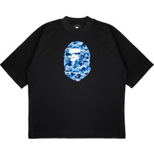 Pure Effect Unisex Oversize Bathıng Mavı Kamuflaj Baskılı Boxy Fit Kalın Kumaşlı T-Shirt