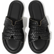 Efw %100 Hakiki Deri Helen Düz Siyah Terlik