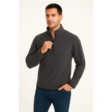 Tarz Yeri Erkek Polar Kazak Dik Yaka Yarım Fermuarlı Fermuarlı Göğüs Cepli Siyah Biyeli - Füme