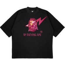 Pure Effect Unisex Oversize Bathıng Pembe Şimşek Baskılı Boxy Fit Kalın Kumaşlı T-Shirt