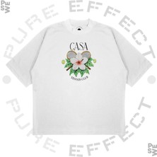 Pure Effect Unisex Oversize Casablanca Tennis Yapraklı Baskılı Boxy Fit Kalın Kumaşlı T-Shirt