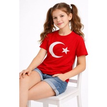 Tarz Yeri Kız Çocuk Tişört Bisiklet Yaka Ay Yıldız Bayrak Baskılı T-Shirt - Kırmızı