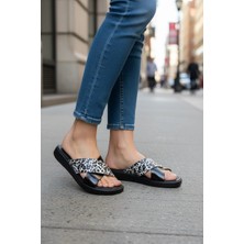 Efw %100 Hakiki Deri Çapraz Leopar Detaylı Kadın Terlik