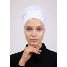 Alivascarf Fırfırlı Dikişsiz Penye Bone Beyaz- Kadın Tesettür Bağlamalı Topuz Iç Bone
