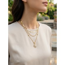 Museum Of You 14K Altın Kaplama 3'lü Kombin Kolye - Yıldız Figürlü Italyan Ezme Zincir ve Ataç Zincir Seti