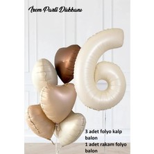 İrem Parti Dükkanı 6 Yaş Parti Retro Pastel Doğum Günü Seti 1 Adet Bej Krem Rakam Folyo, 3 Adet Kalp Folyo Balon