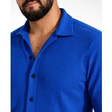 Tarz Yeri Erkek Waffle Kumaş Uzun Kollu Düğmeli Açık Yaka Regular Fit Gömlek - Saks Mavisi