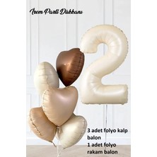 İrem Parti Dükkanı 2 Yaş Parti Retro Pastel Doğum Günü Seti 1 Adet Bej Krem Rakam Folyo, 3 Adet Kalp Folyo Balon