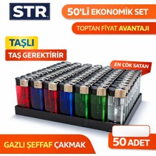 Str Taşlı Gazlı Çakmak 50’li Set Şeffaf Renkli Doldurulabilir Ekonomik Paket