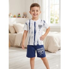 Alkın Kids 4-10 Yaş Erkek Çocuk Pamuklu Beyaz-Lacivert Kısakollu Şortlu Yazlık Takım