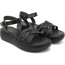 Efw %100 Hakiki Deri Siyah Çapraz Saç Örgülü Yüksek Topuk Kadın Sandalet